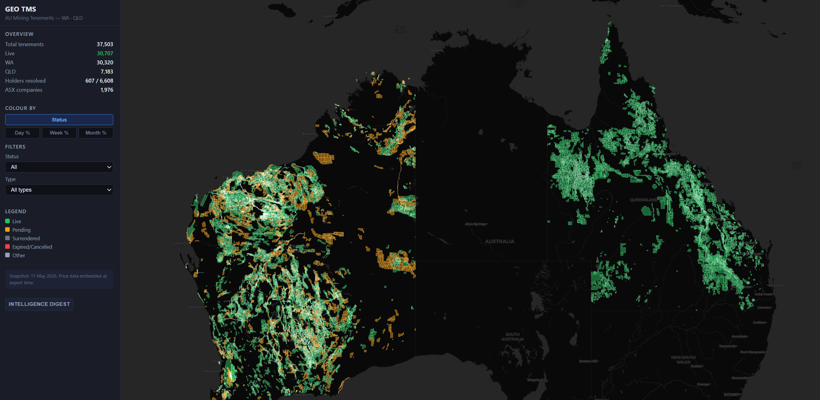 GeoTMS interface — tenement map and company intelligence view